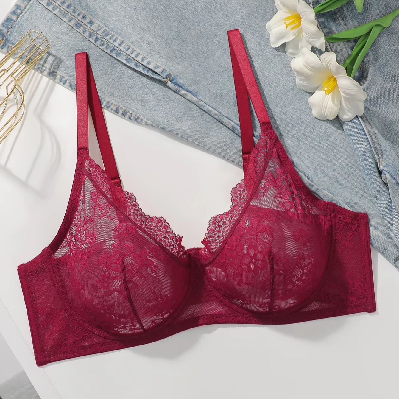 Women Plus Size Red Lace Sheer - Sheer Mesh Bra recensione e prezzo